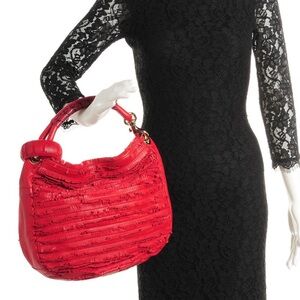 Jimmy Choo Red Suede Leather and Snakeskin Fringe Hobo Shoulder Bag
